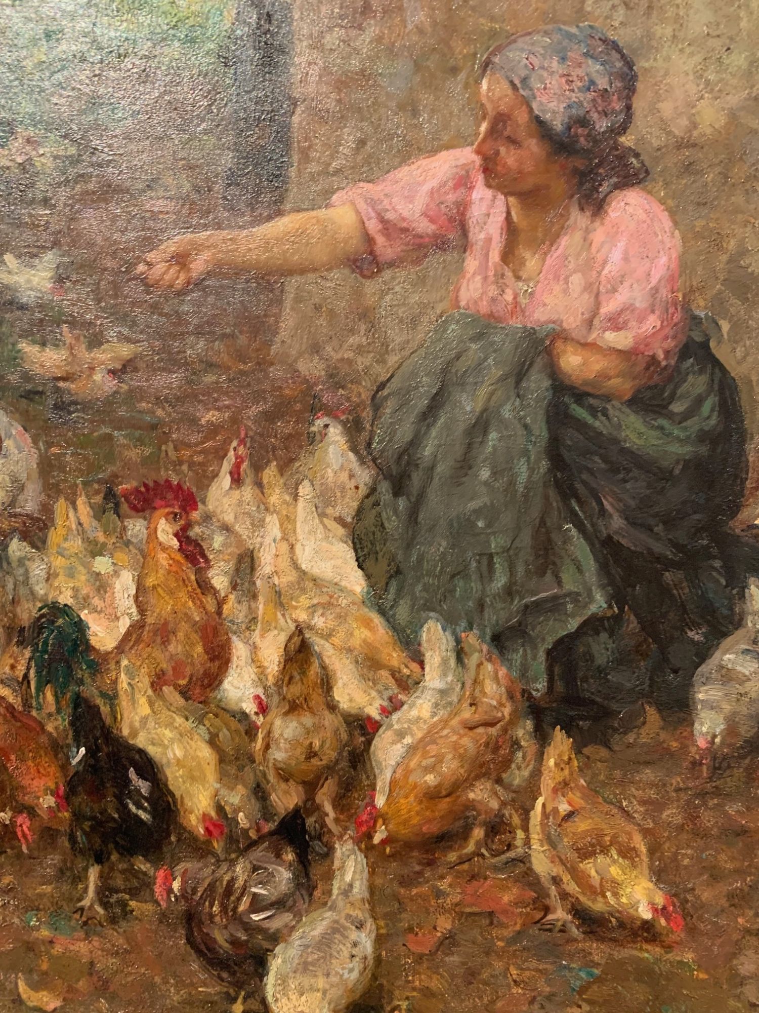 Luigi Rossi, Massaia che nutre i polli, 1905 - 1910, olio su tavola
