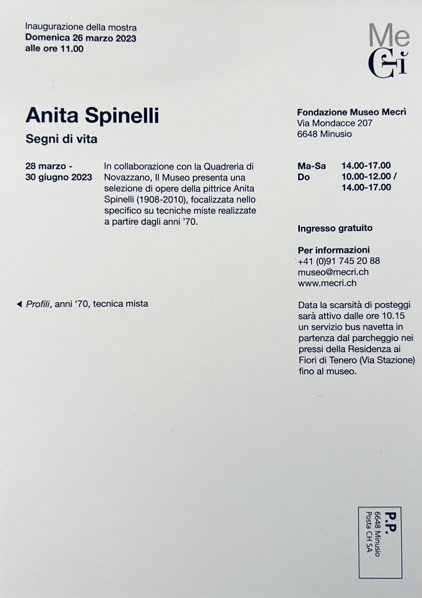Mostra di Anita Spinelli "Segni di vita" al museo MeCrì a Minusio Mondacce dal 28 marzo al 30 giugno 2023