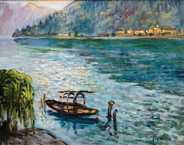 PERLASCA Otto Otto Perlasca, Lago con vista su Brusino, olio su pavatex, 40 x 50 cm