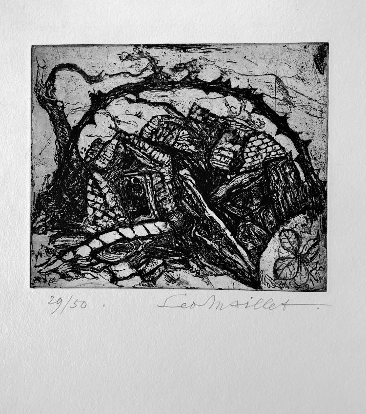 MAILLET Leo Maillet Leo, Villaggio distrutto, 1953, maniera allo zucchero, tratto da un disegno originale del 1943, 23.8 x 28.5 cm, (foglio 50 x 38 cm)