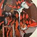 Nag Arnoldi, Arlecchino con civetta, 1992, tecnica mista, carta su tela, 120 x 121