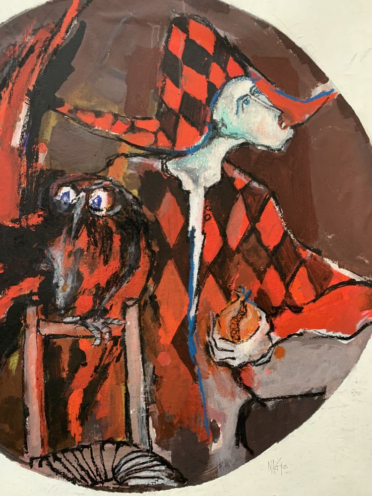 ARNOLDI Nag Nag Arnoldi, Arlecchino con civetta, 1992, tecnica mista, carta su tela, 120 x 121