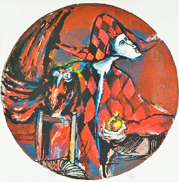 Nag Arnoldi, Arlecchino con civetta, 1992, tecnica mista, carta su tela, 120 x 121